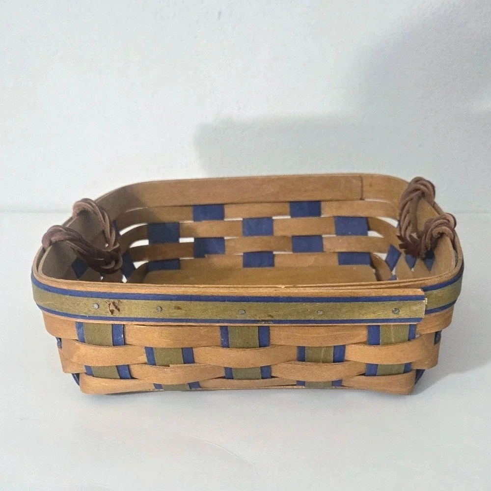 Longaberger 2009 Handmade Basket Blue Green Woven‎ Square Leather Handles USA